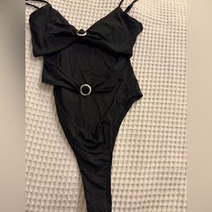 Edikted Black One-Piece Bodysuit with Silver Ring Details